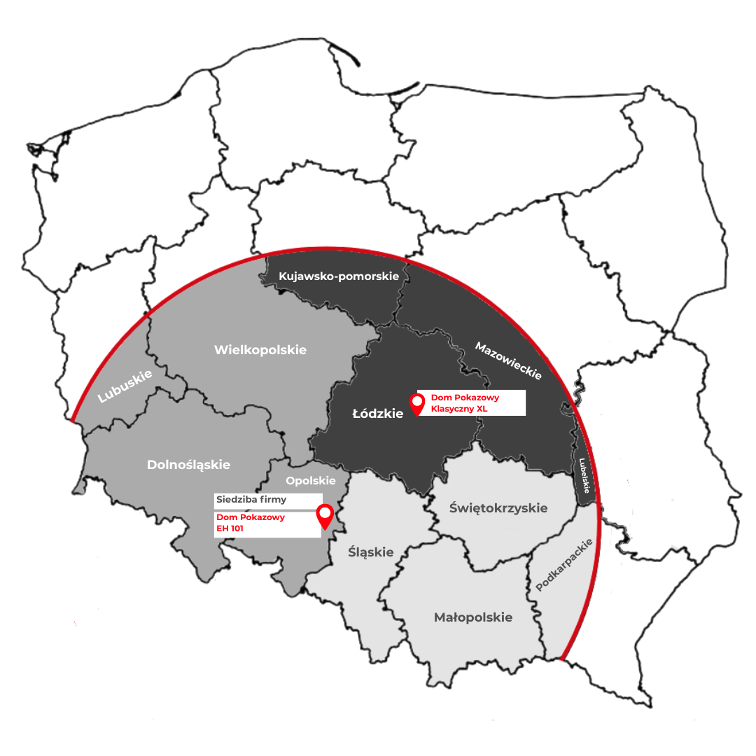 Obszar zasięgu budowy domów szkieletowych Mapa zasięgu regionów budowy domów prefabrykowanych